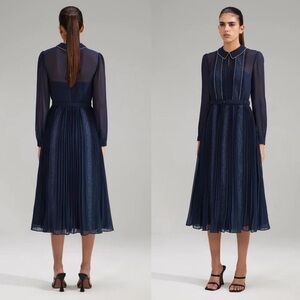 Self-Portrait Navy Long-Sleeve Pleated Midi Dress